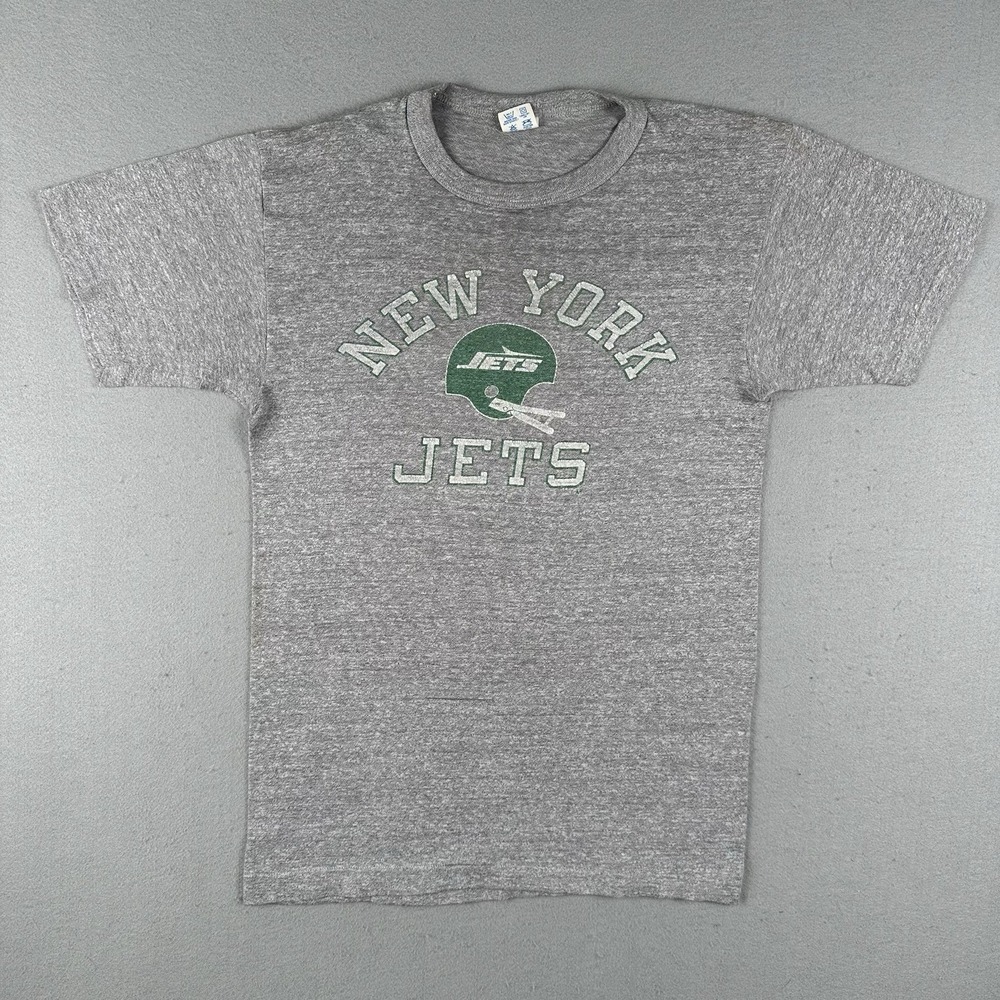 Vintage 80s Champion New York Jets Shirt Men's Medium Gray Helmet Logo Spellout